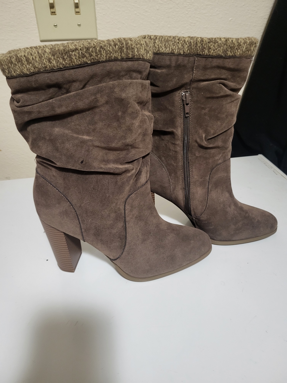 Women's Taupe Suede Slouchy Block Heel Boots